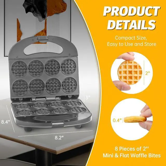 Alt view image 5 of 6 - Mini Waffle Maker Machine, Small Waffle Bites Maker for Kids, Makes 8 x 2 Tiny Waffle Bites, Ideal for Breakfast, Snacks, Desserts and More