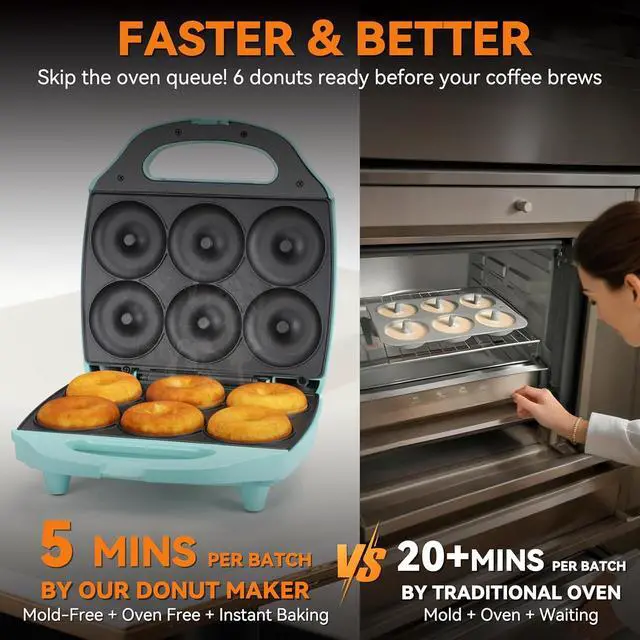 Alt view image 3 of 7 - Bakers Friend Mini Donut Maker Machine for Home, 6 x 3'' Mini Doughnut Maker Machine, Donut Maker for Kids, Maquina Para Hacer Donas, Donut Baking Pan, Donut Party, Aqua