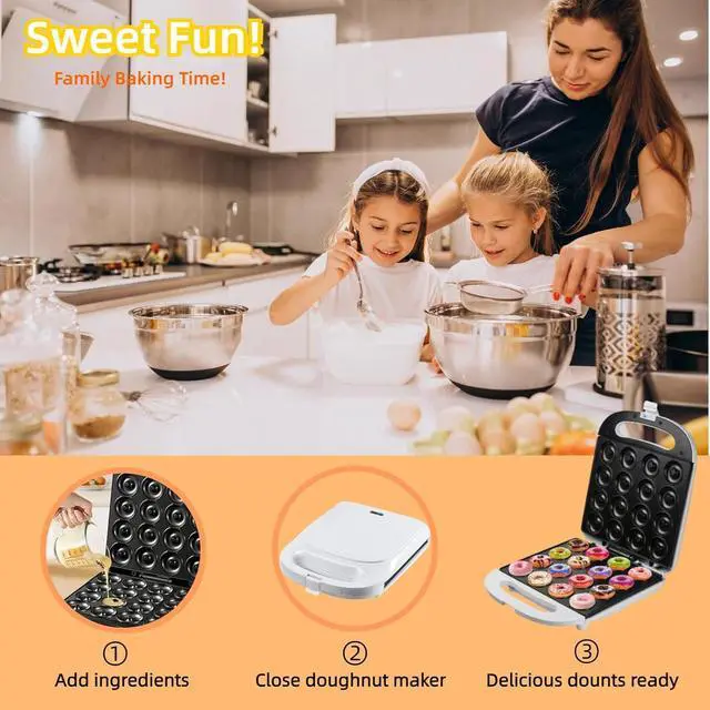 Alt view image 3 of 6 - Mini Donut Maker Machine for Kid-Electric Non-Stick Surface Makes 16 Mini Doughnuts-Friendly Breakfast, Snacks, Desserts-White