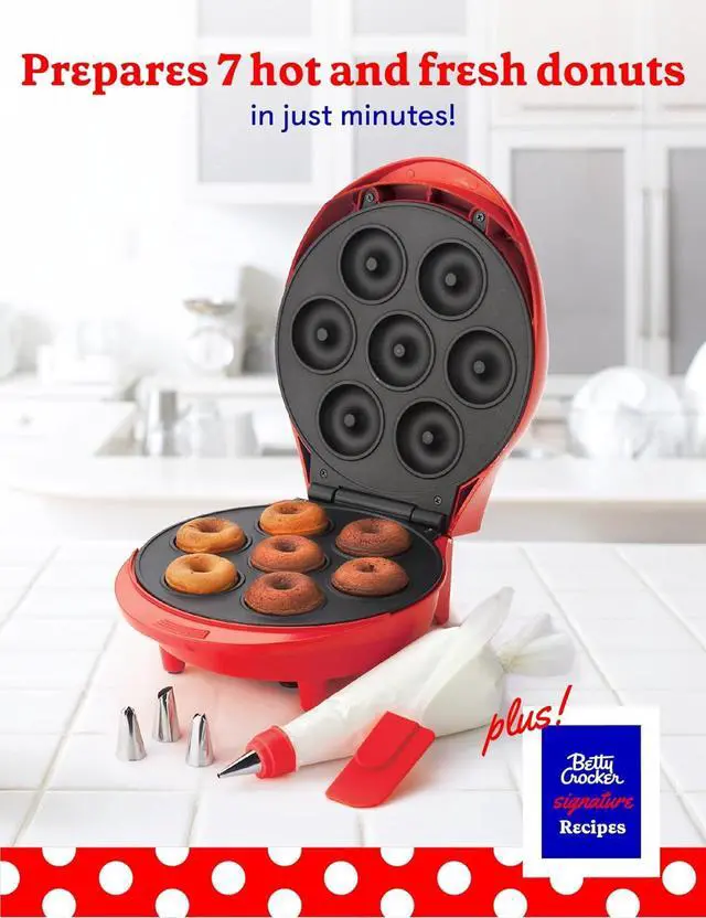 Alt view image 2 of 7 - BETTY CROCKER Donut Maker, Mini Donut Maker with Nonstick Surface, Mini Donut Maker Machine with Cool Touch Handle & Makes 7 Delicious Fresh Donuts in Minutes, Red