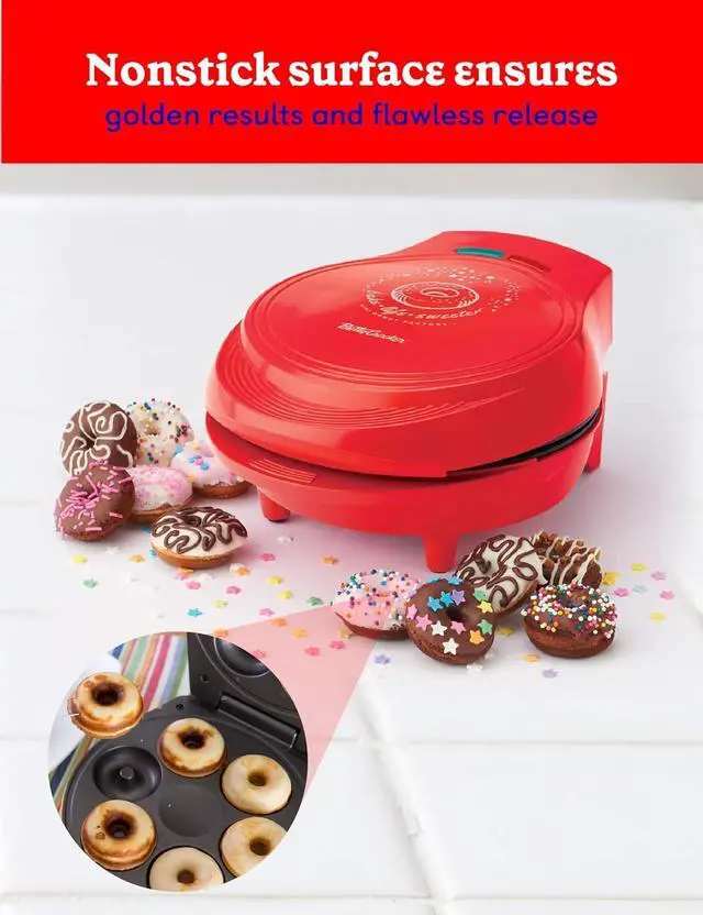 Alt view image 4 of 7 - BETTY CROCKER Donut Maker, Mini Donut Maker with Nonstick Surface, Mini Donut Maker Machine with Cool Touch Handle & Makes 7 Delicious Fresh Donuts in Minutes, Red