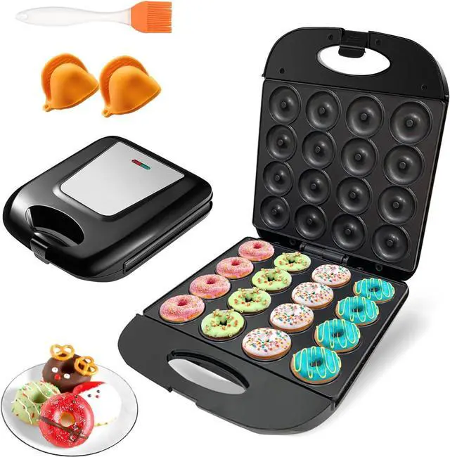 Main image of 2025 Mini Donut Maker Machine for Home, Kid-Friendly 16-Hole Electric Doughnut and Pancake Maker with Non-Stick Surface, Ideal for Homemade Doughnuts (Black with Mini Oven Gloves & Brush)