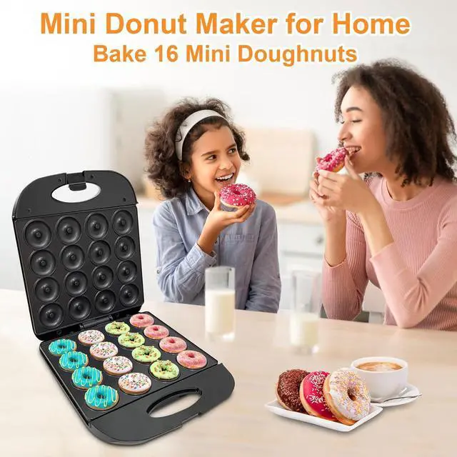 Alt view image 2 of 7 - 2025 Mini Donut Maker Machine for Home, Kid-Friendly 16-Hole Electric Doughnut and Pancake Maker with Non-Stick Surface, Ideal for Homemade Doughnuts (Black with Mini Oven Gloves & Brush)