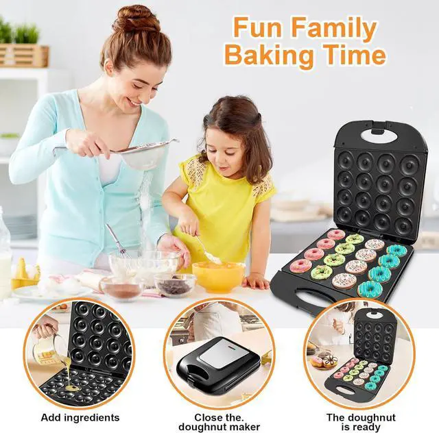 Alt view image 5 of 7 - 2025 Mini Donut Maker Machine for Home, Kid-Friendly 16-Hole Electric Doughnut and Pancake Maker with Non-Stick Surface, Ideal for Homemade Doughnuts (Black with Mini Oven Gloves & Brush)