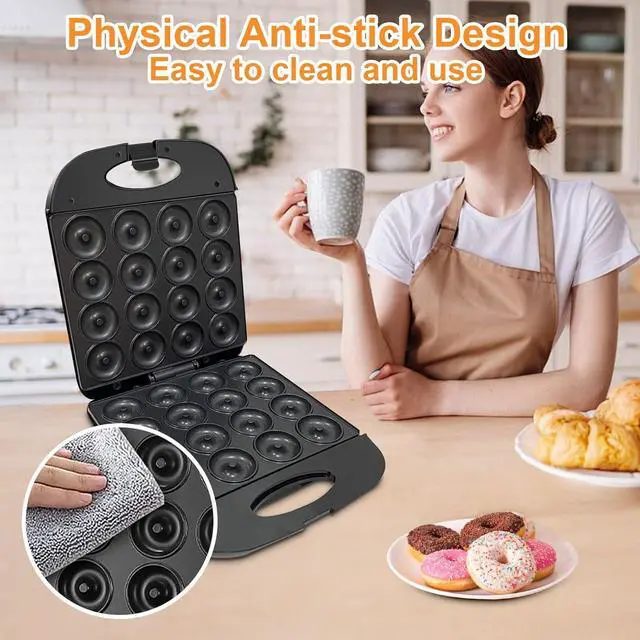 Alt view image 6 of 7 - 2025 Mini Donut Maker Machine for Home, Kid-Friendly 16-Hole Electric Doughnut and Pancake Maker with Non-Stick Surface, Ideal for Homemade Doughnuts (Black with Mini Oven Gloves & Brush)