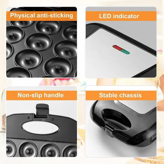 Alt view image 4 of 7 - 2025 Mini Donut Maker Machine for Home, Kid-Friendly 16-Hole Electric Doughnut and Pancake Maker with Non-Stick Surface, Ideal for Homemade Doughnuts (Black with Mini Oven Gloves & Brush)