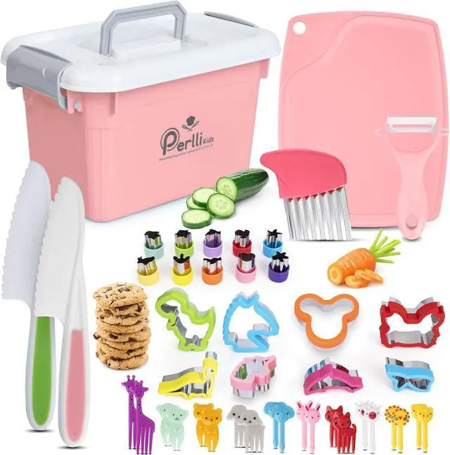 Main image of Perlli 44-Piece Toddler Cooking Set | Toddler Kitchen Set with Kids Safety Knives, Utensils, Peeler, Cutting Board & More | Kids Cooking Sets Real | Montessori Kitchen Sets for Children Ages 3+, Pink