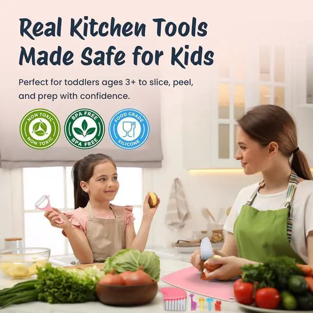 Alt view image 2 of 7 - Perlli 44-Piece Toddler Cooking Set | Toddler Kitchen Set with Kids Safety Knives, Utensils, Peeler, Cutting Board & More | Kids Cooking Sets Real | Montessori Kitchen Sets for Children Ages 3+, Pink