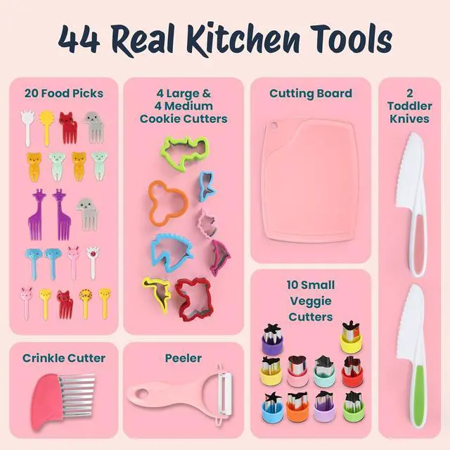 Alt view image 4 of 7 - Perlli 44-Piece Toddler Cooking Set | Toddler Kitchen Set with Kids Safety Knives, Utensils, Peeler, Cutting Board & More | Kids Cooking Sets Real | Montessori Kitchen Sets for Children Ages 3+, Pink