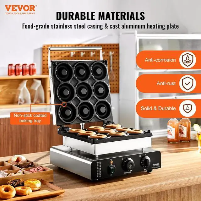 Alt view image 2 of 7 - VEVOR Electric Donut Maker, 2000W Commercial Doughnut Machine with Non-stick Surface, 9 Holes Double-Sided Heating Waffle Machine Makes 9 Doughnuts, Temperature 122-572, for Restaurant and Home Use