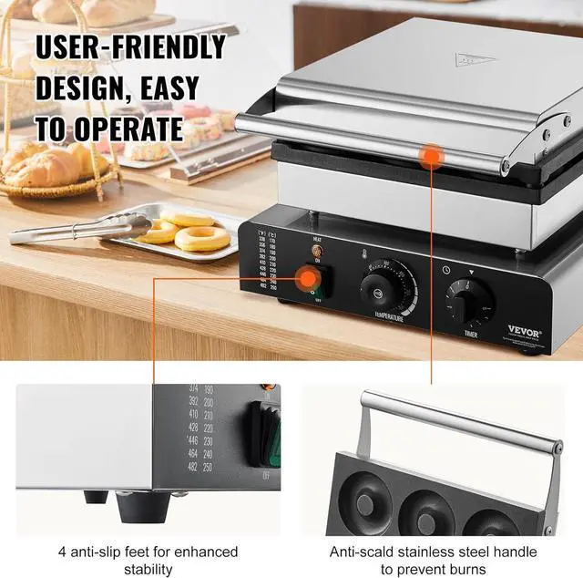 Alt view image 5 of 7 - VEVOR Electric Donut Maker, 2000W Commercial Doughnut Machine with Non-stick Surface, 9 Holes Double-Sided Heating Waffle Machine Makes 9 Doughnuts, Temperature 122-572, for Restaurant and Home Use