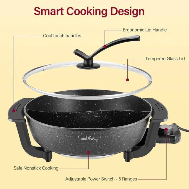 Alt view image 3 of 7 - Hot Pot Elektrisch Hotpot Topf 6L Elektrischer Kochtopf 220V 1200W Doppelseitig Elektrische Wok mit Deckel Chinesischer Hot Pot Fondue