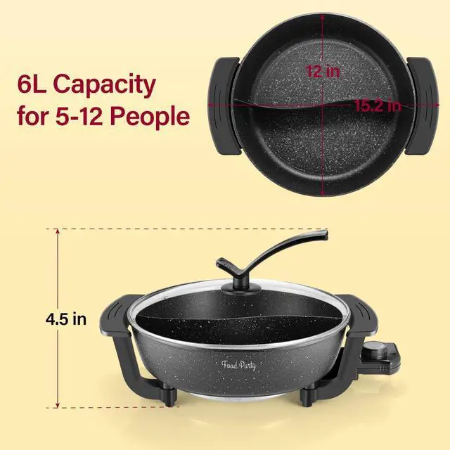 Alt view image 6 of 7 - Hot Pot Elektrisch Hotpot Topf 6L Elektrischer Kochtopf 220V 1200W Doppelseitig Elektrische Wok mit Deckel Chinesischer Hot Pot Fondue