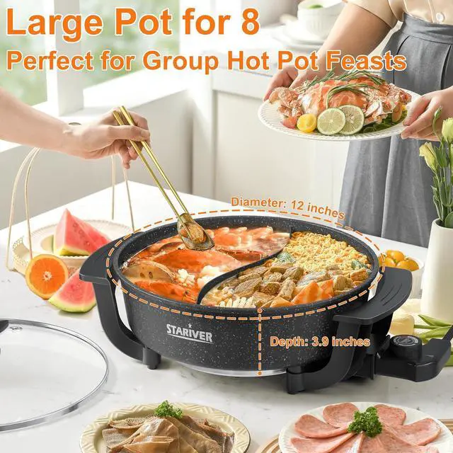 Alt view image 2 of 7 - Stariver 6L Electric Hot Pot with Divider - Dual-Flavor Fondue & Shabu Shabu Pot, 1360W with 5-Temp Control, Non-Stick & BPA-Free, Perfect for Family Dinners & Parties