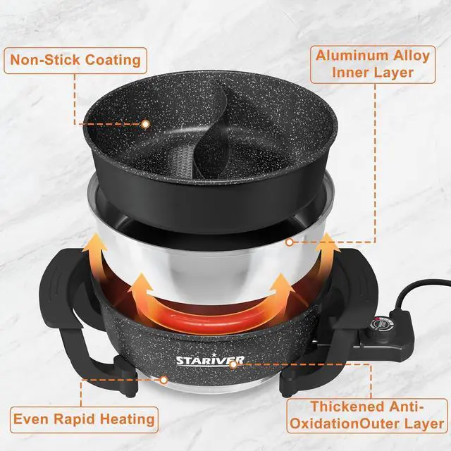Alt view image 6 of 7 - Stariver 6L Electric Hot Pot with Divider - Dual-Flavor Fondue & Shabu Shabu Pot, 1360W with 5-Temp Control, Non-Stick & BPA-Free, Perfect for Family Dinners & Parties