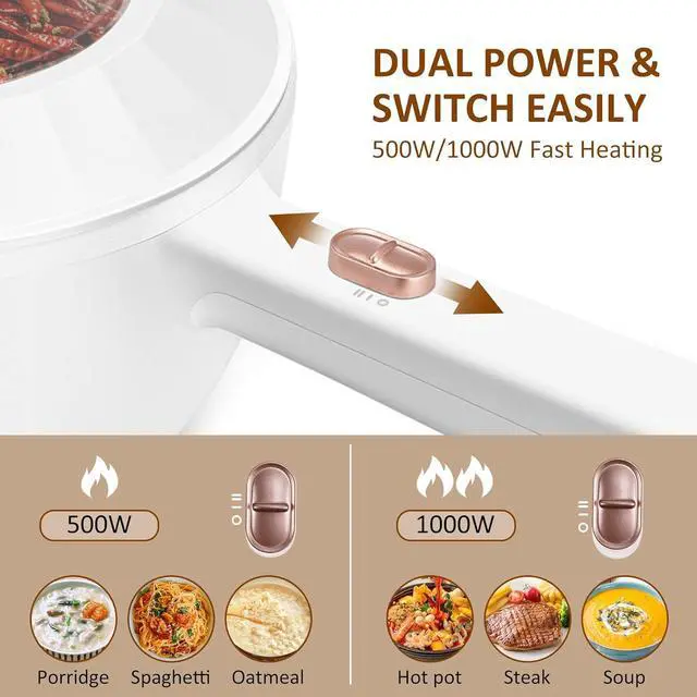 Alt view image 2 of 6 - Bear Hot Pot Electric, 2L Multifunctional Portable Cooking Pot, 1000W Rapid Noodles Electric, Non-Stick Frying Pans for Steak, Egg, Ramen, Oatmeal With Dual Power Adjustment