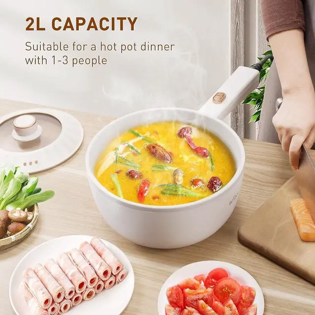 Alt view image 3 of 6 - Bear Hot Pot Electric, 2L Multifunctional Portable Cooking Pot, 1000W Rapid Noodles Electric, Non-Stick Frying Pans for Steak, Egg, Ramen, Oatmeal With Dual Power Adjustment