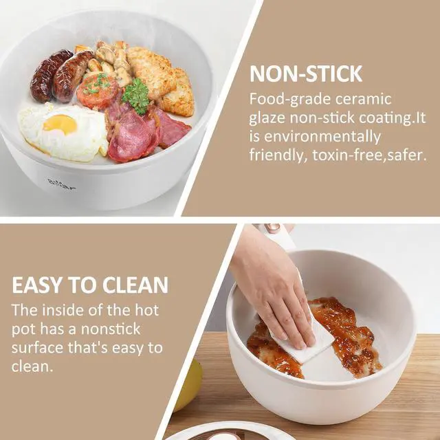 Alt view image 4 of 6 - Bear Hot Pot Electric, 2L Multifunctional Portable Cooking Pot, 1000W Rapid Noodles Electric, Non-Stick Frying Pans for Steak, Egg, Ramen, Oatmeal With Dual Power Adjustment