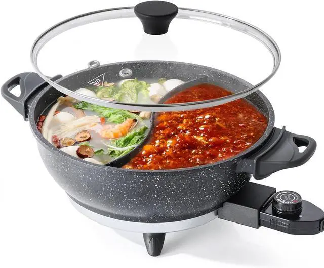 Main image of 4L Electric Hot Pot with Divider - Dual-Flavor Shabu Shabu Pot with Slow Cooker Function, 1500W, Ideal for Family Meals & Social Gatherings, Black