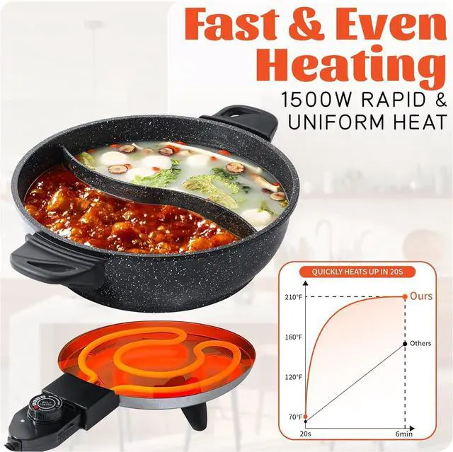 Alt view image 2 of 7 - 4L Electric Hot Pot with Divider - Dual-Flavor Shabu Shabu Pot with Slow Cooker Function, 1500W, Ideal for Family Meals & Social Gatherings, Black