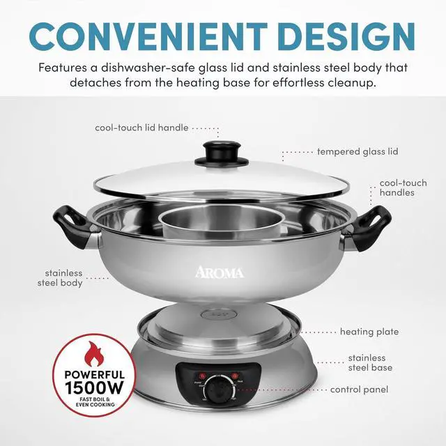 Alt view image 3 of 6 - Aroma Stainless Steel Hot Pot, Silver (ASP-600), 5 quart