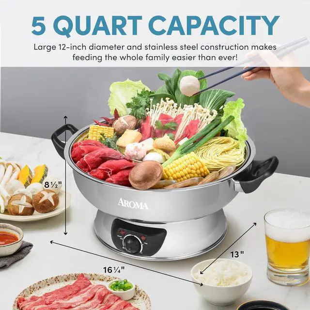 Alt view image 5 of 6 - Aroma Stainless Steel Hot Pot, Silver (ASP-600), 5 quart