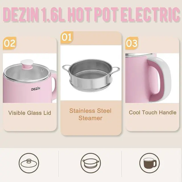 Alt view image 2 of 6 - Dezin Electric Pot with Steamer, Stainless Steel Electric Cooker 1.6 Liter, Hot Pot Electric for Ramen, Egg, Dumpling, Soup, Oatmeal with Temperature Control and Keep Warm Function