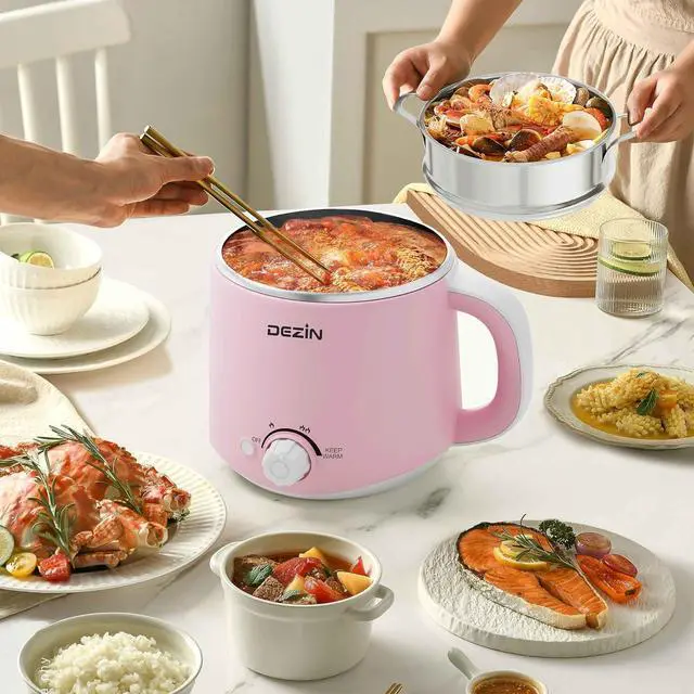 Alt view image 4 of 6 - Dezin Electric Pot with Steamer, Stainless Steel Electric Cooker 1.6 Liter, Hot Pot Electric for Ramen, Egg, Dumpling, Soup, Oatmeal with Temperature Control and Keep Warm Function