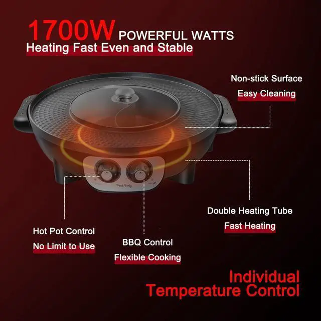 Alt view image 4 of 7 - Food Party Hot Pot with Grill 2 in 1 Electric Smokeless Grill and Hotpot Pot Combo Korean BBQ Grill 110V 1700W