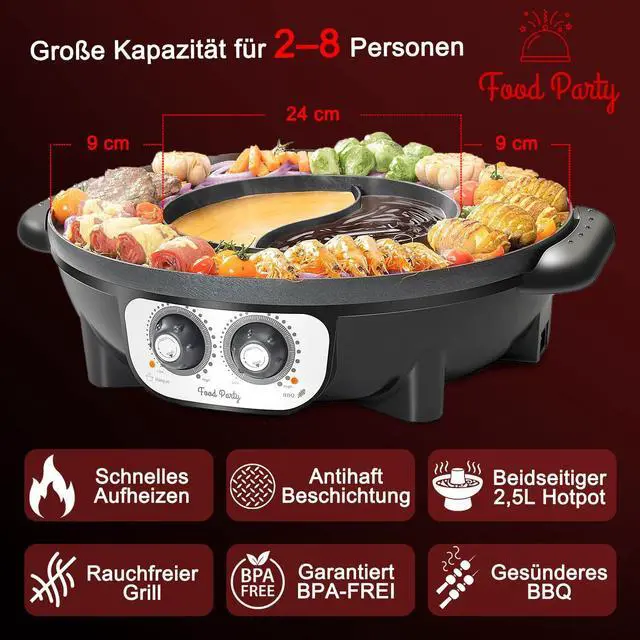 Alt view image 3 of 7 - Food Party Hot Pot with Grill 2 in 1 Electric Smokeless Grill and Hotpot Pot Combo Korean BBQ Grill 110V 1700W