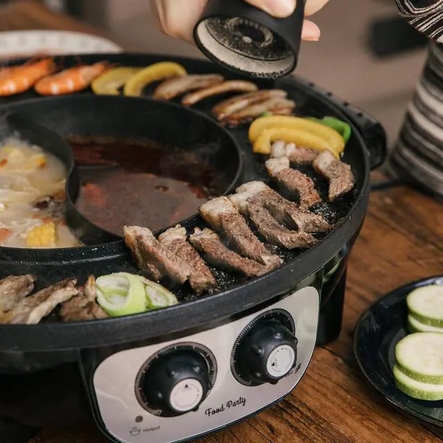 Alt view image 7 of 7 - Food Party Hot Pot with Grill 2 in 1 Electric Smokeless Grill and Hotpot Pot Combo Korean BBQ Grill 110V 1700W