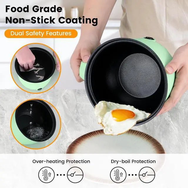 Alt view image 4 of 7 - Hot Pot Electric With Steamer,Rapid Ramen Cooker,1.8L Mini Portable Self Heating Electric Pot For Cooking Noodles Oatmeal Pasta,Shabu Shabu Hotpot Pot Electric Dorm Lazy Pot,Non-Stick Green