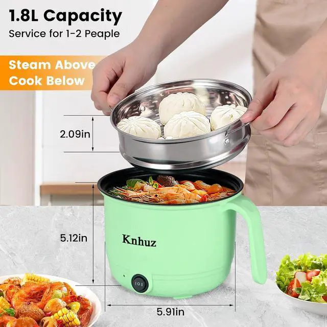 Alt view image 5 of 7 - Hot Pot Electric With Steamer,Rapid Ramen Cooker,1.8L Mini Portable Self Heating Electric Pot For Cooking Noodles Oatmeal Pasta,Shabu Shabu Hotpot Pot Electric Dorm Lazy Pot,Non-Stick Green