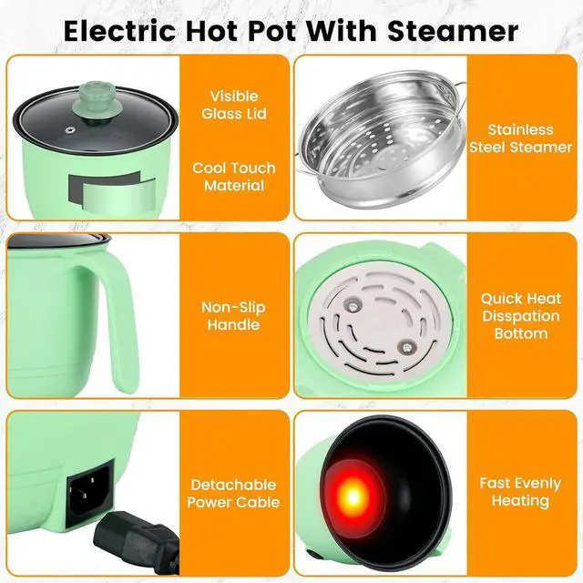 Alt view image 6 of 7 - Hot Pot Electric With Steamer,Rapid Ramen Cooker,1.8L Mini Portable Self Heating Electric Pot For Cooking Noodles Oatmeal Pasta,Shabu Shabu Hotpot Pot Electric Dorm Lazy Pot,Non-Stick Green