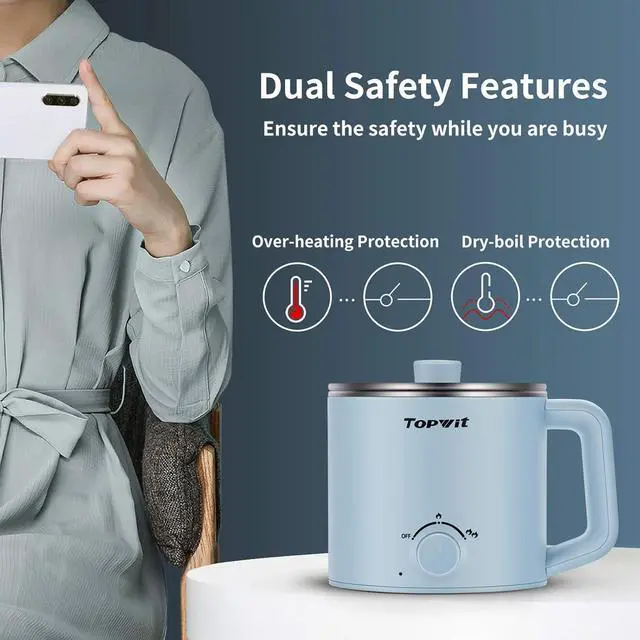 Alt view image 6 of 7 - Topwit Hot Pot Electric, Electric Pot, 1.6L Ramen Cooker, Multifunctional Cooker for Pasta, Shabu-Shabu, Oatmeal, Soup and Egg with Over-Heating Protection, Boil Dry Protection, Blue