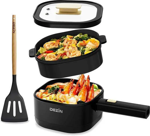 Main image of Dezin 2L Electric Hot Pot with Steamer, Rapid 800W Non-Stick Ceramic Coating Dorm Cooking Pot, Plug in Electric Pan Cooker with Adjustable Power for College Hotel Office(Silicone Spatula Included)