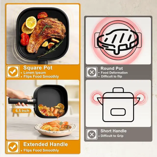 Alt view image 2 of 7 - Dezin 2L Electric Hot Pot with Steamer, Rapid 800W Non-Stick Ceramic Coating Dorm Cooking Pot, Plug in Electric Pan Cooker with Adjustable Power for College Hotel Office(Silicone Spatula Included)