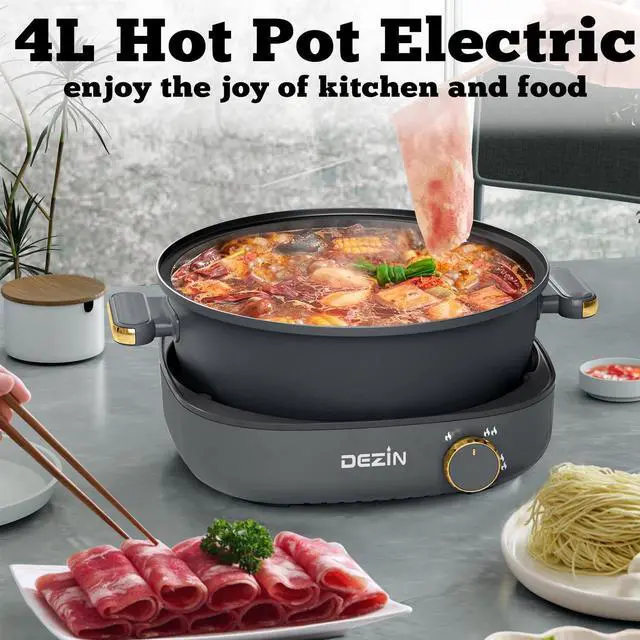 Alt view image 2 of 7 - Dezin Electric Shabu Shabu Pot with Removable Pot, 4L Non-Stick Hot Pot Electric with Dual-Power Control, Electric Pot with Tempered Glass Lid for Party, Family and Friend Gathering