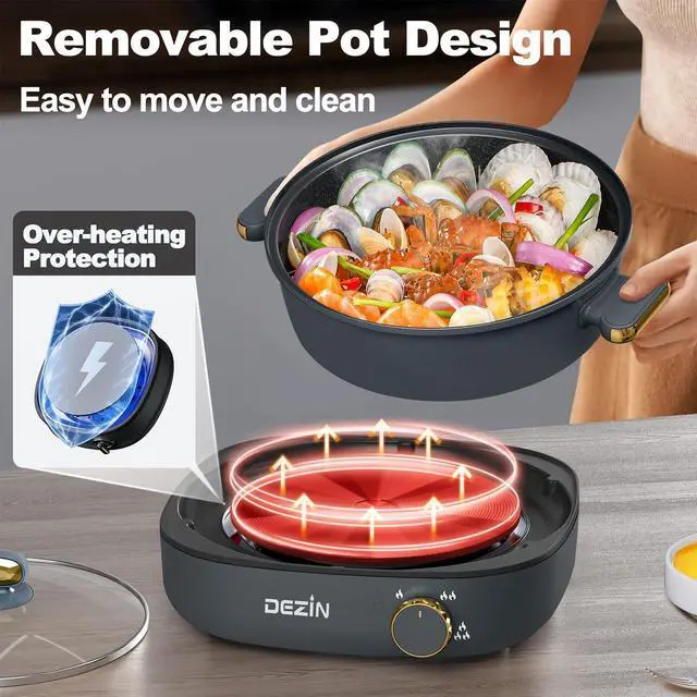 Alt view image 7 of 7 - Dezin Electric Shabu Shabu Pot with Removable Pot, 4L Non-Stick Hot Pot Electric with Dual-Power Control, Electric Pot with Tempered Glass Lid for Party, Family and Friend Gathering