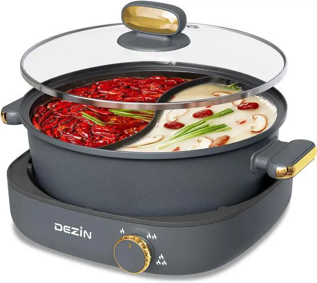 Main image of Dezin Hot Pot Electric with Divider, 4L Electric Shabu Shabu with Dual-Flavor Pot,3.7" Depth Nonstick Dual Side with Multi-Power Control for Party, Family and Friend Gathering