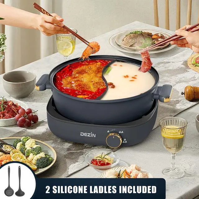 Alt view image 2 of 7 - Dezin Hot Pot Electric with Divider, 4L Electric Shabu Shabu with Dual-Flavor Pot,3.7" Depth Nonstick Dual Side with Multi-Power Control for Party, Family and Friend Gathering