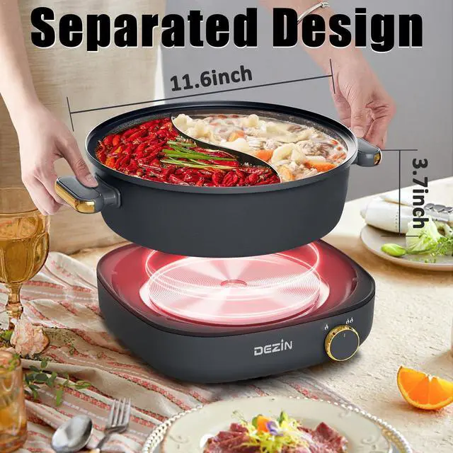 Alt view image 5 of 7 - Dezin Hot Pot Electric with Divider, 4L Electric Shabu Shabu with Dual-Flavor Pot,3.7" Depth Nonstick Dual Side with Multi-Power Control for Party, Family and Friend Gathering