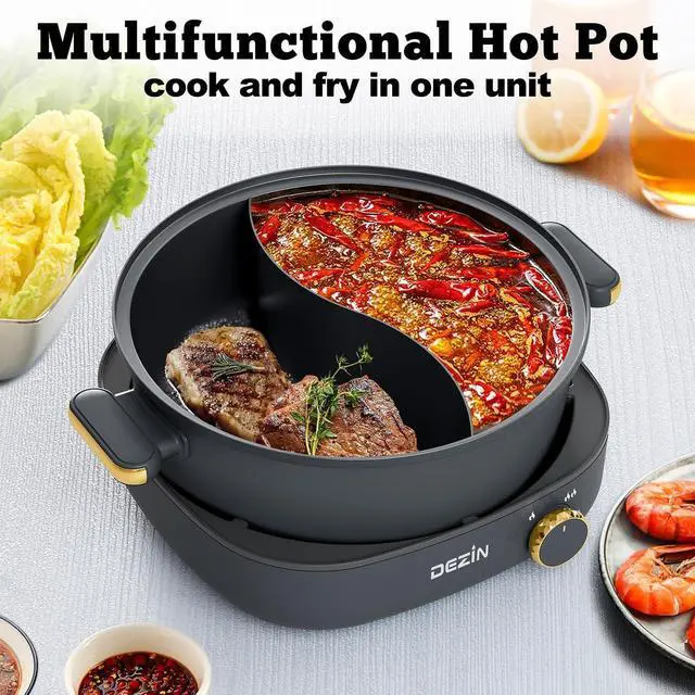 Alt view image 7 of 7 - Dezin Hot Pot Electric with Divider, 4L Electric Shabu Shabu with Dual-Flavor Pot,3.7" Depth Nonstick Dual Side with Multi-Power Control for Party, Family and Friend Gathering