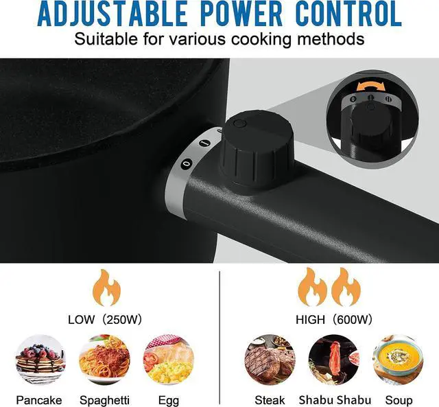 Alt view image 2 of 7 - Topwit Hot Pot Electric, 1.5L Ramen Cooker, Portable Non-Stick Frying Pan, Electric Pot for Pasta, Steak, BPA Free, Electric Cooker with Dual Power Control, Over-Heating & Boil Dry Protection, Black