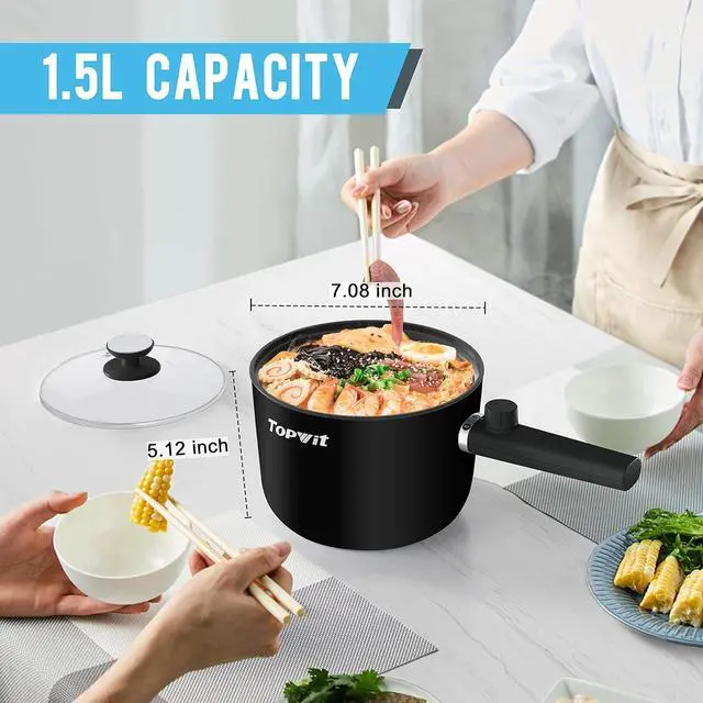 Alt view image 3 of 7 - Topwit Hot Pot Electric, 1.5L Ramen Cooker, Portable Non-Stick Frying Pan, Electric Pot for Pasta, Steak, BPA Free, Electric Cooker with Dual Power Control, Over-Heating & Boil Dry Protection, Black