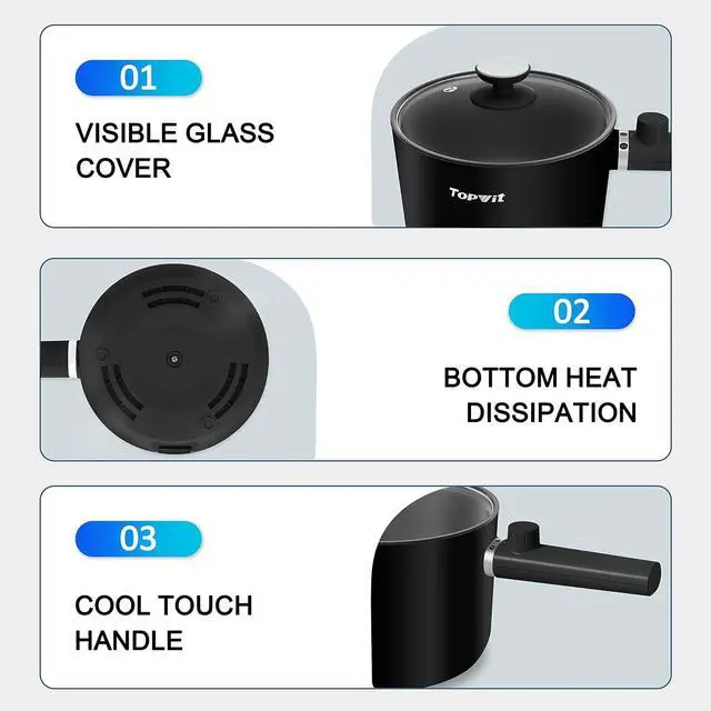 Alt view image 7 of 7 - Topwit Hot Pot Electric, 1.5L Ramen Cooker, Portable Non-Stick Frying Pan, Electric Pot for Pasta, Steak, BPA Free, Electric Cooker with Dual Power Control, Over-Heating & Boil Dry Protection, Black