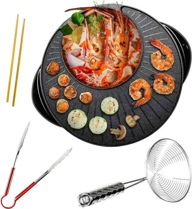 Main image of OVENTE Electric Hot Pot and Grill Combo, 2-in-1 Portable Countertop Cooker with Temperature Control Perfect for Korean BBQ, Shabu Shabu and Soup with Free Strainer, Chopsticks and Tong, Black GH10133B