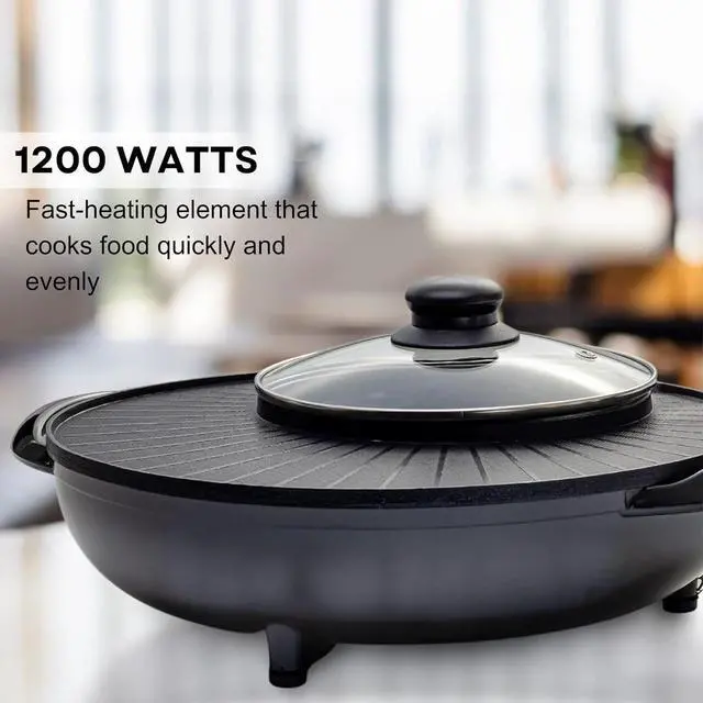 Alt view image 3 of 7 - OVENTE Electric Hot Pot and Grill Combo, 2-in-1 Portable Countertop Cooker with Temperature Control Perfect for Korean BBQ, Shabu Shabu and Soup with Free Strainer, Chopsticks and Tong, Black GH10133B