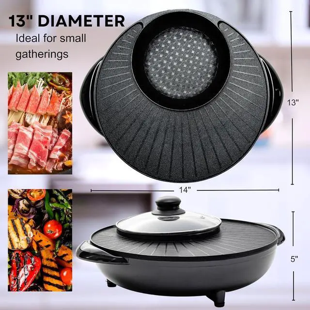 Alt view image 5 of 7 - OVENTE Electric Hot Pot and Grill Combo, 2-in-1 Portable Countertop Cooker with Temperature Control Perfect for Korean BBQ, Shabu Shabu and Soup with Free Strainer, Chopsticks and Tong, Black GH10133B