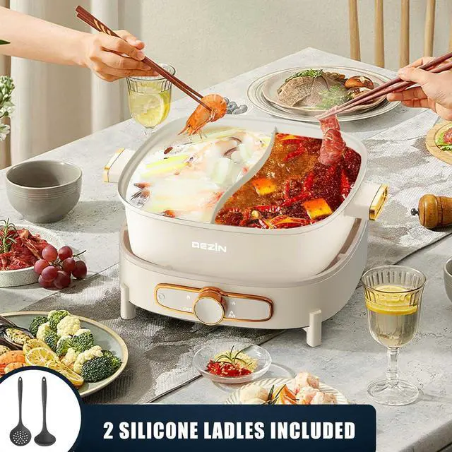 Alt view image 4 of 6 - Dezin Hot Electric Shabu Shabu Pot, 5.5L Double-Flavor, Removable Non-Stick Dual Sided Cooker, 3" Depth Divided Pot with Multi-Power Control, 2 Silicone Ladles
